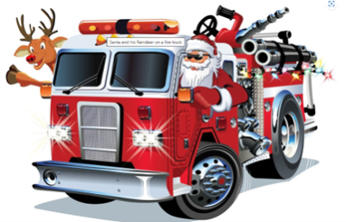 A cartoon of a fire truck with Santa and Reindeer